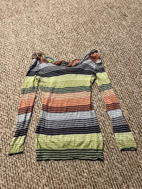 Vintage Missoni Off-Shoulder Stripe Knit Sweater in Green, Coral, Navy and Cream - Picture 3 of 6